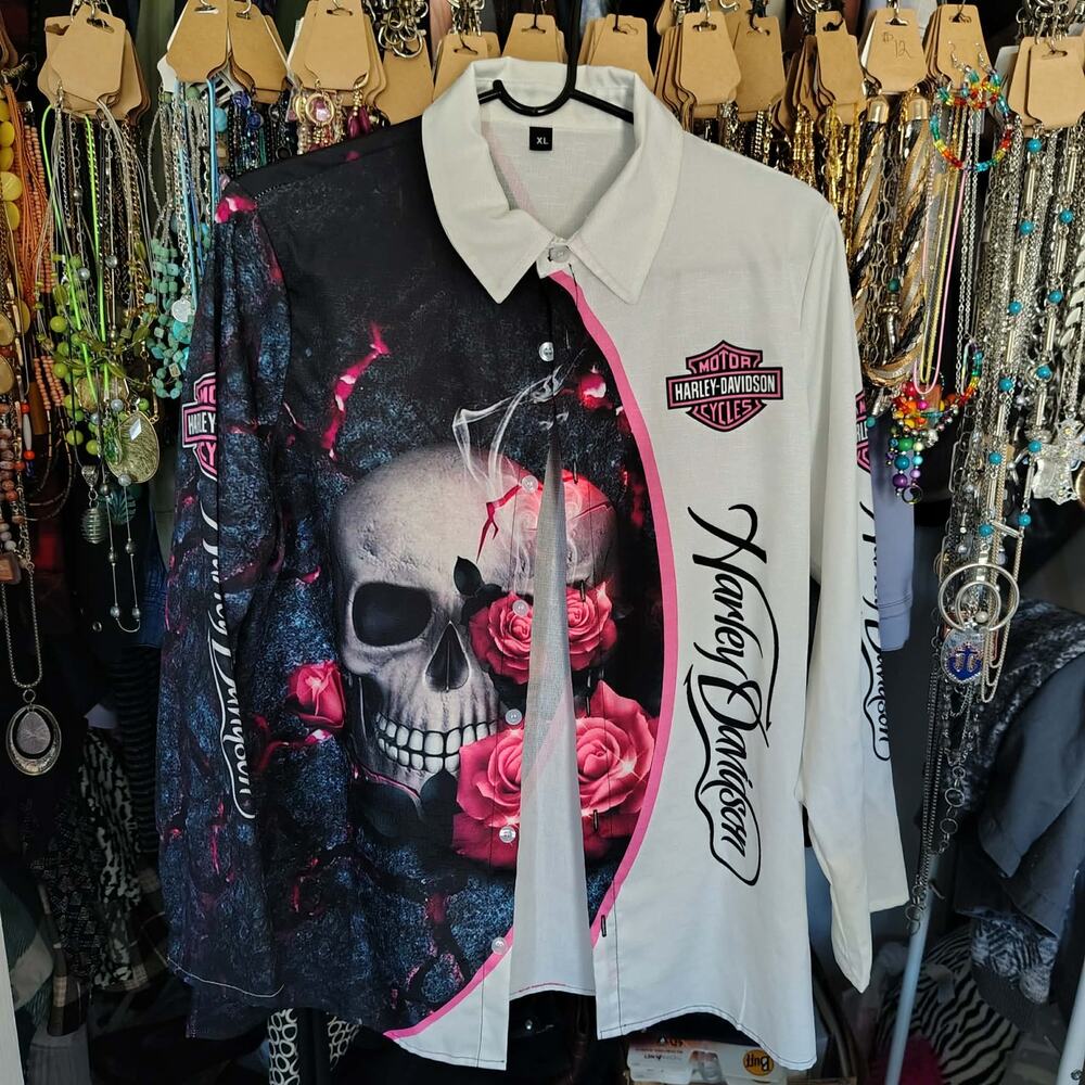 BEAUTIFUL HARLEY DAVIDSON SUMMER RIDE SILKY LONG SLEEVE BUTTON UP SHIRT